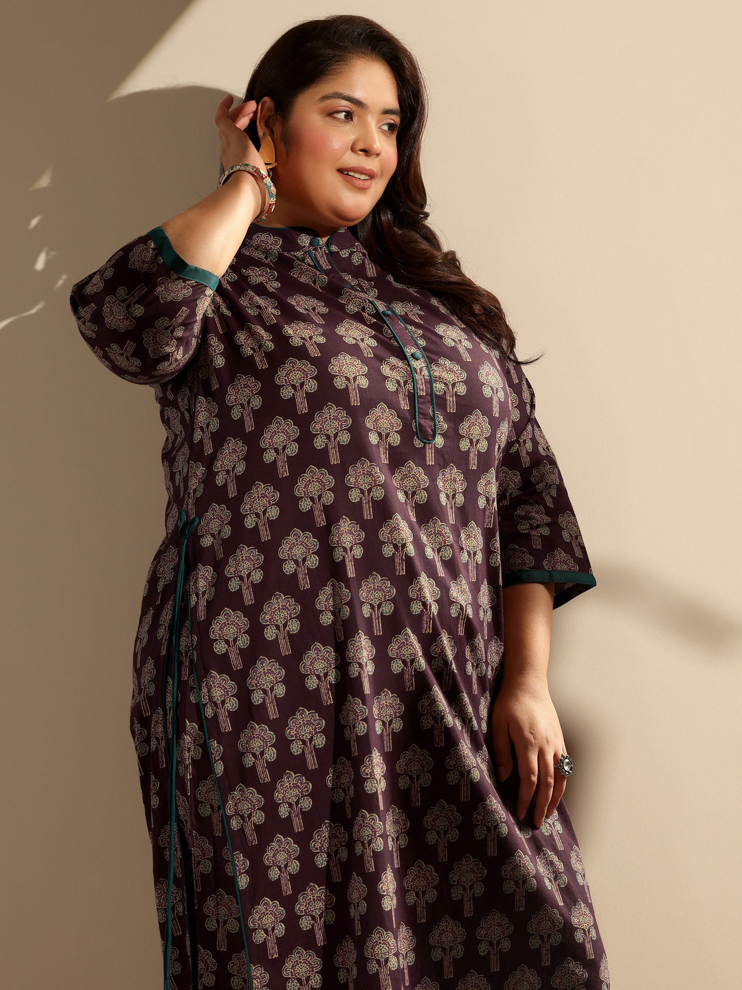 Wine Printed Cotton Straight Kurta Set