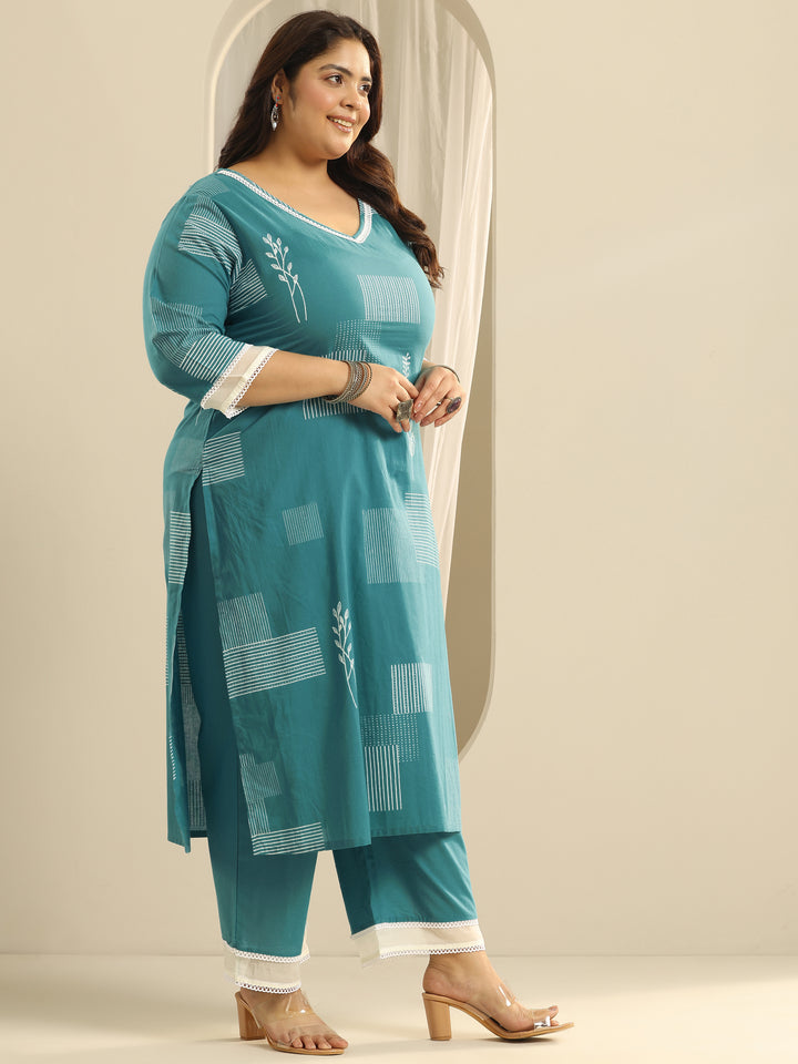 Plus Size Blue Printed Cotton Straight Kurta Set