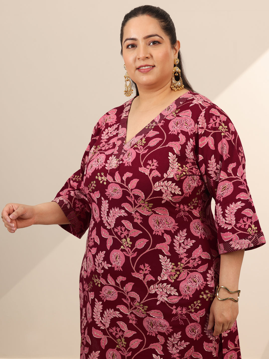 Plus Size Maroon Printed Cotton Blend Straight Kurta Set