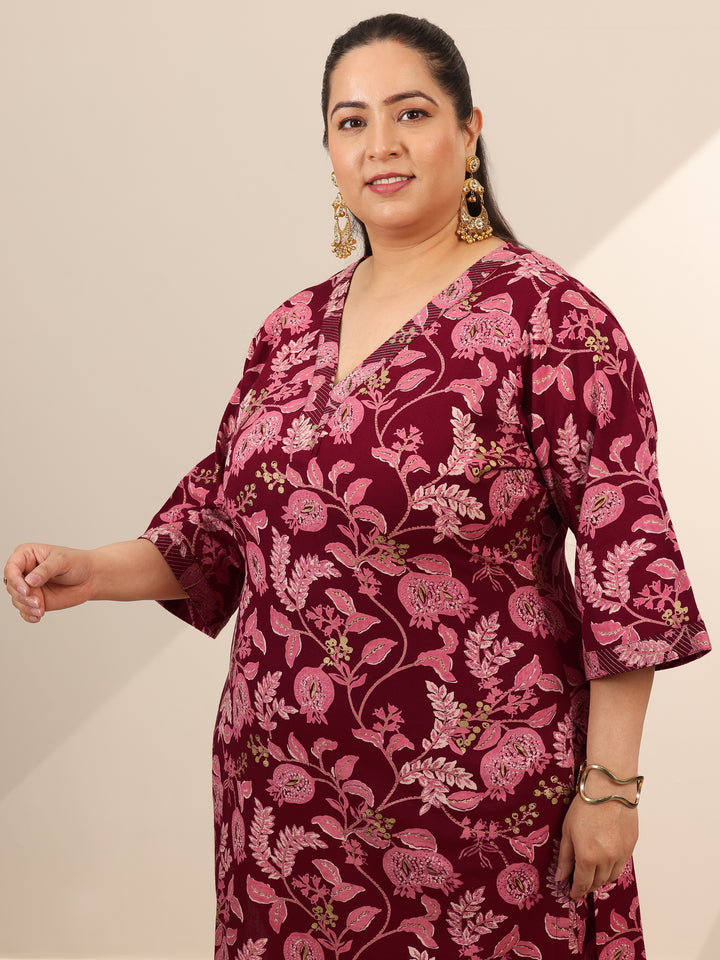 Plus Size Maroon Printed Cotton Blend Straight Kurta Set