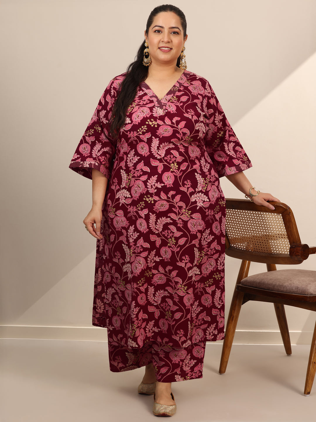 Plus Size Maroon Printed Cotton Blend Straight Kurta Set