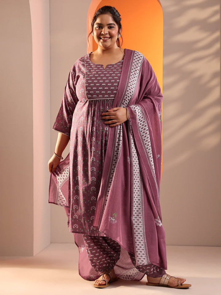 Plus Size Mauve Printed Cotton Straight Suit Set With Dupatta
