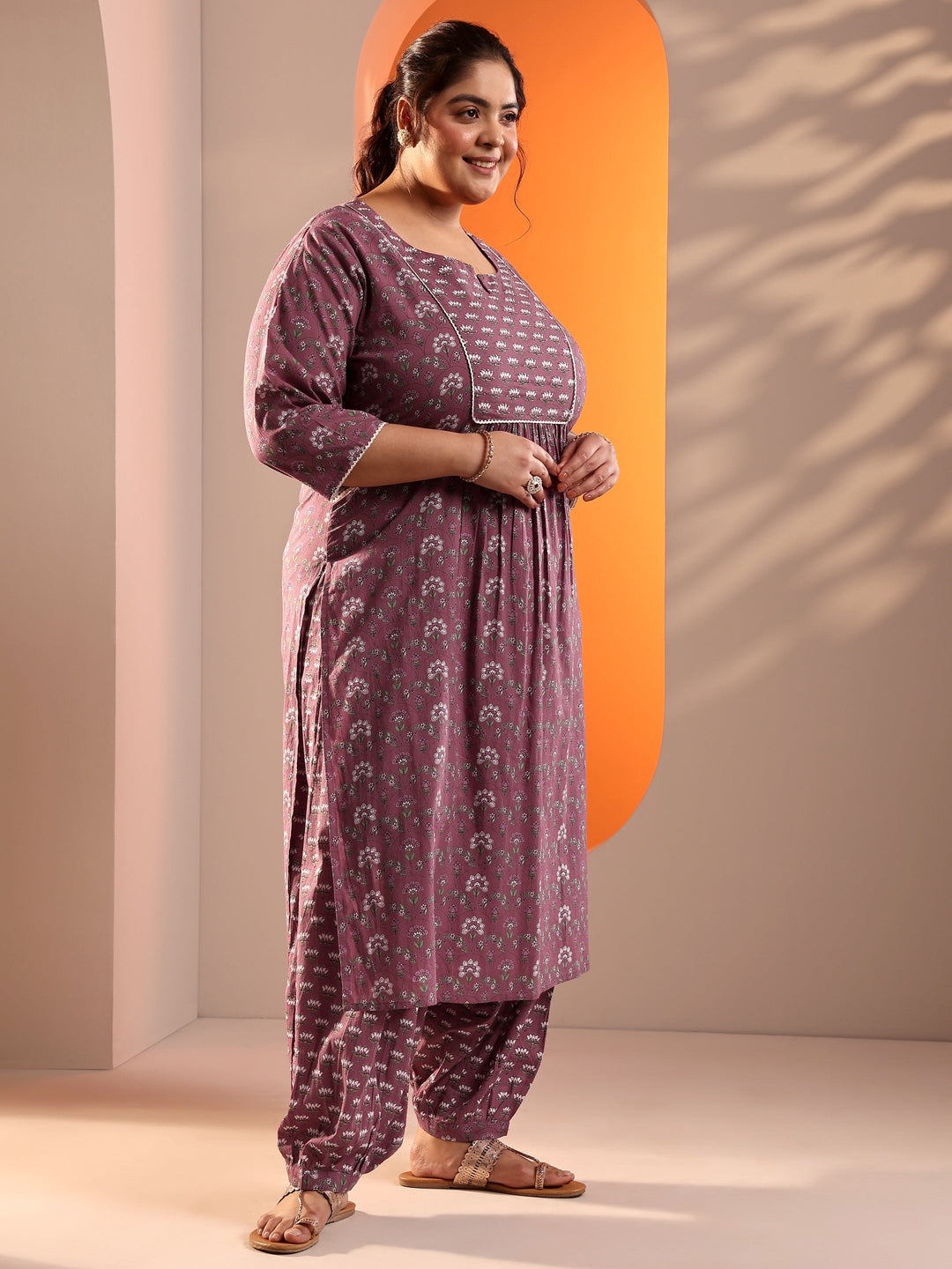 Plus Size Mauve Printed Cotton Straight Suit Set With Dupatta
