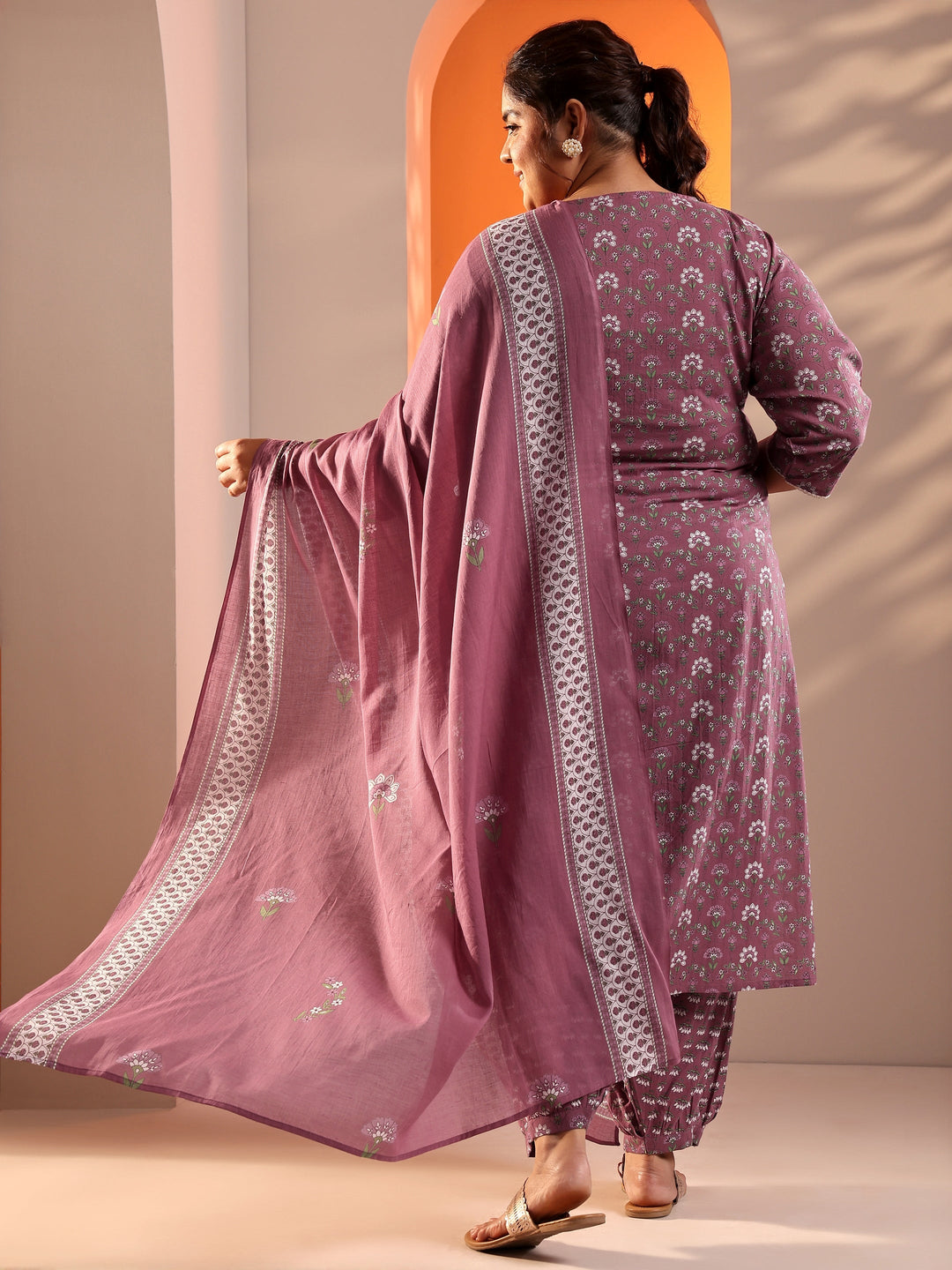 Plus Size Mauve Printed Cotton Straight Suit Set With Dupatta