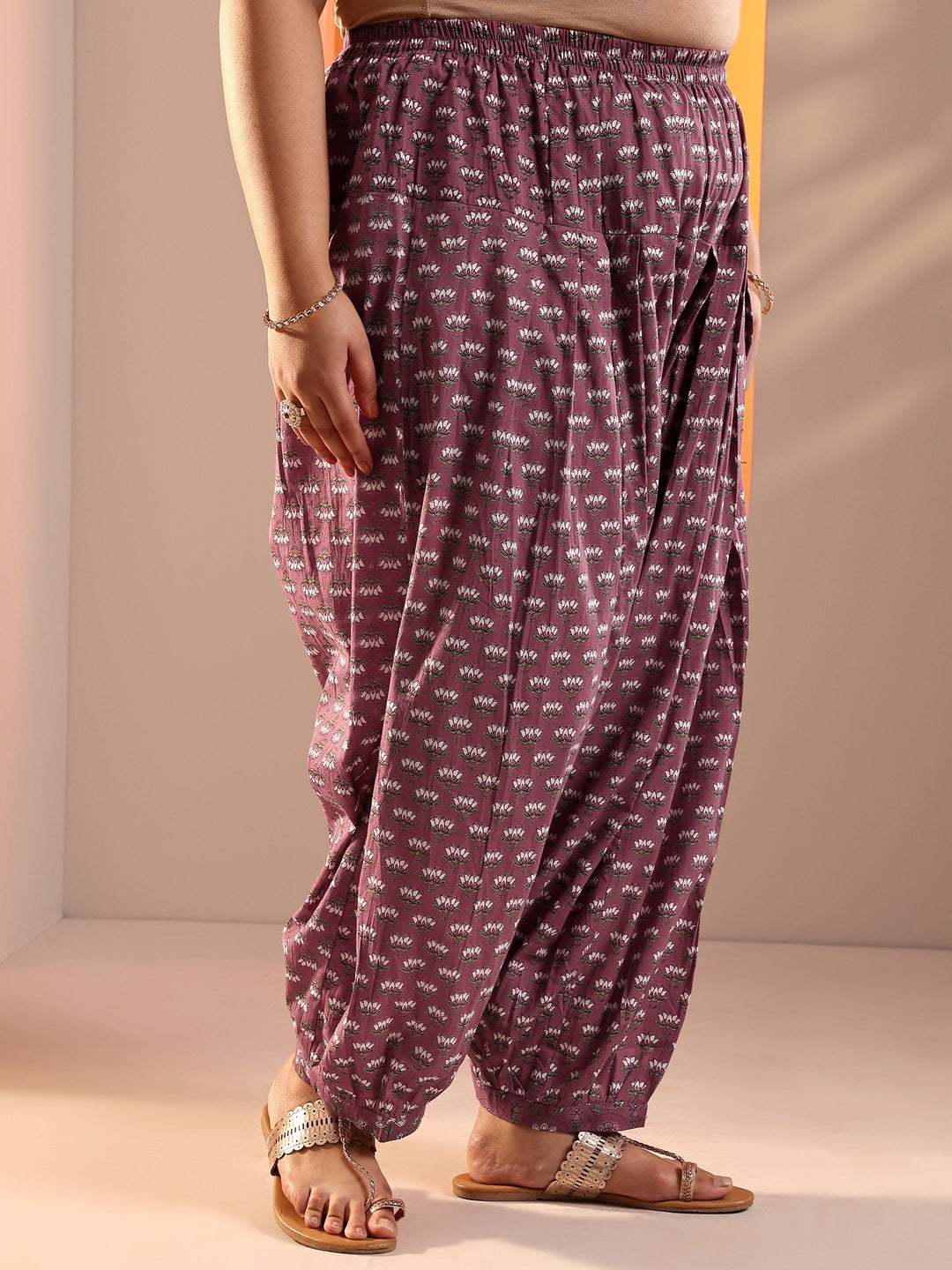 Plus Size Mauve Printed Cotton Straight Suit Set With Dupatta