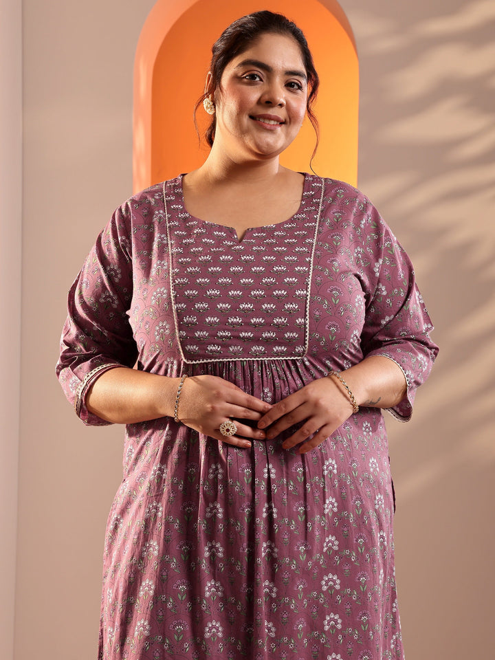 Plus Size Mauve Printed Cotton Straight Suit Set With Dupatta