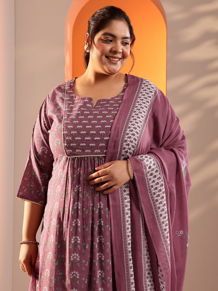 Plus Size Mauve Printed Cotton Straight Suit Set With Dupatta