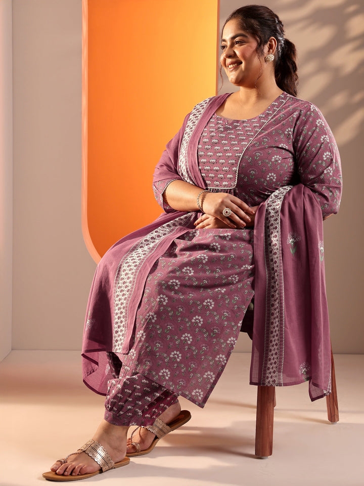 Plus Size Mauve Printed Cotton Straight Suit Set With Dupatta