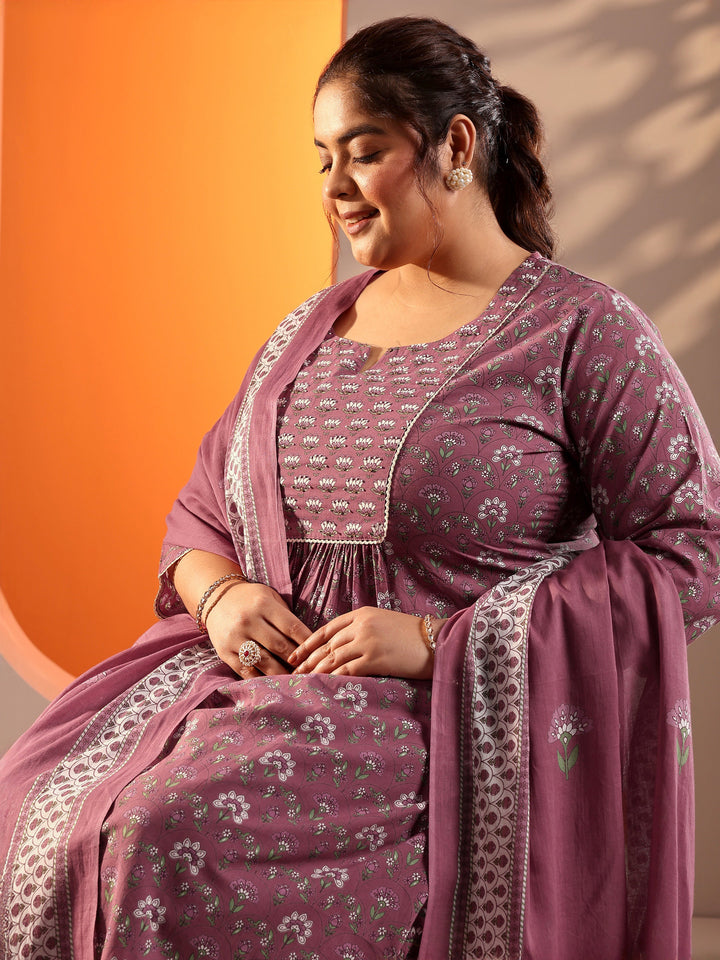 Plus Size Mauve Printed Cotton Straight Suit Set With Dupatta