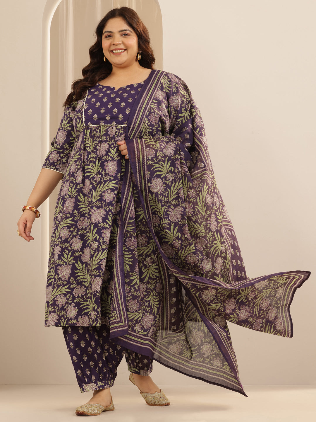 Plus Size Purple Printed Cotton Straight Suit Set With Dupatta