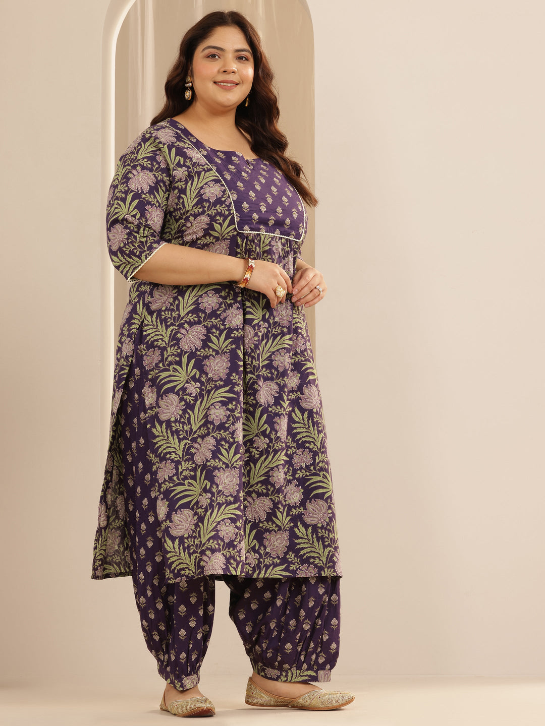 Plus Size Purple Printed Cotton Straight Suit Set With Dupatta