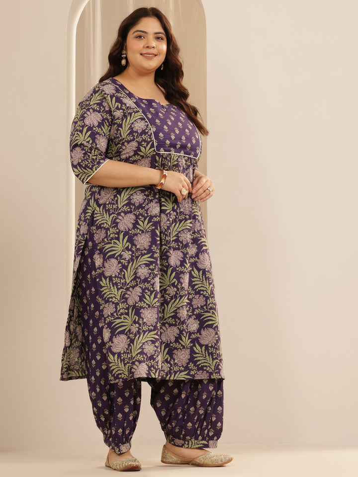 Plus Size Purple Printed Cotton Straight Suit Set With Dupatta
