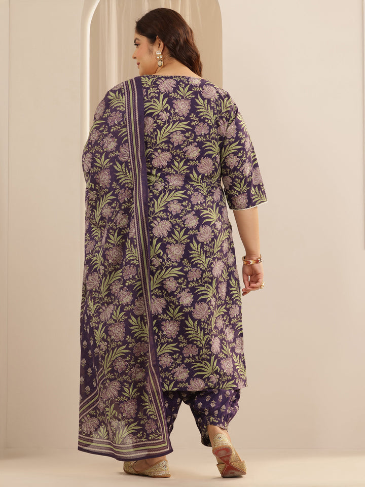 Plus Size Purple Printed Cotton Straight Suit Set With Dupatta