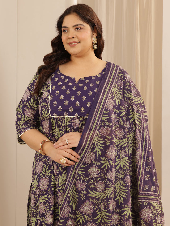 Plus Size Purple Printed Cotton Straight Suit Set With Dupatta