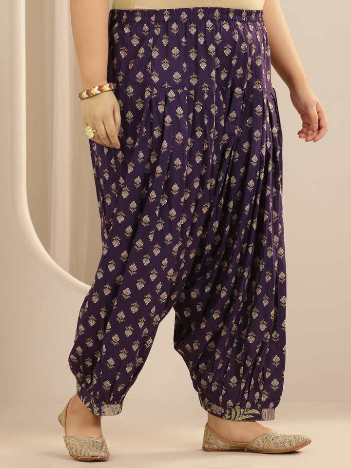 Plus Size Purple Printed Cotton Straight Suit Set With Dupatta