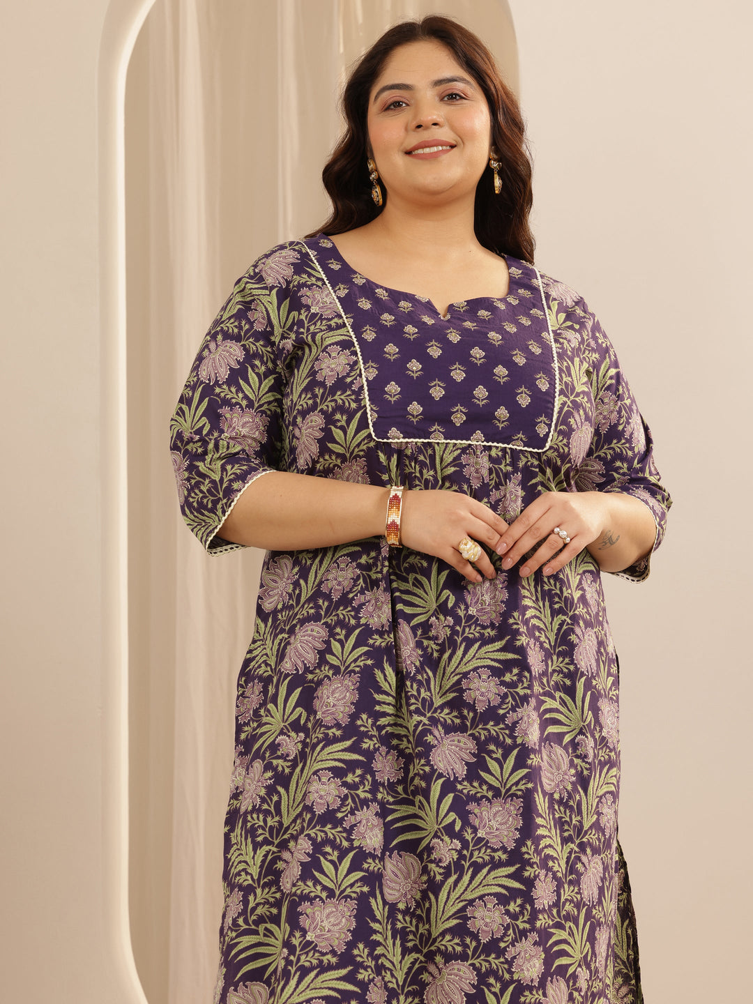 Plus Size Purple Printed Cotton Straight Suit Set With Dupatta