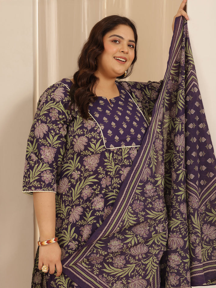 Plus Size Purple Printed Cotton Straight Suit Set With Dupatta