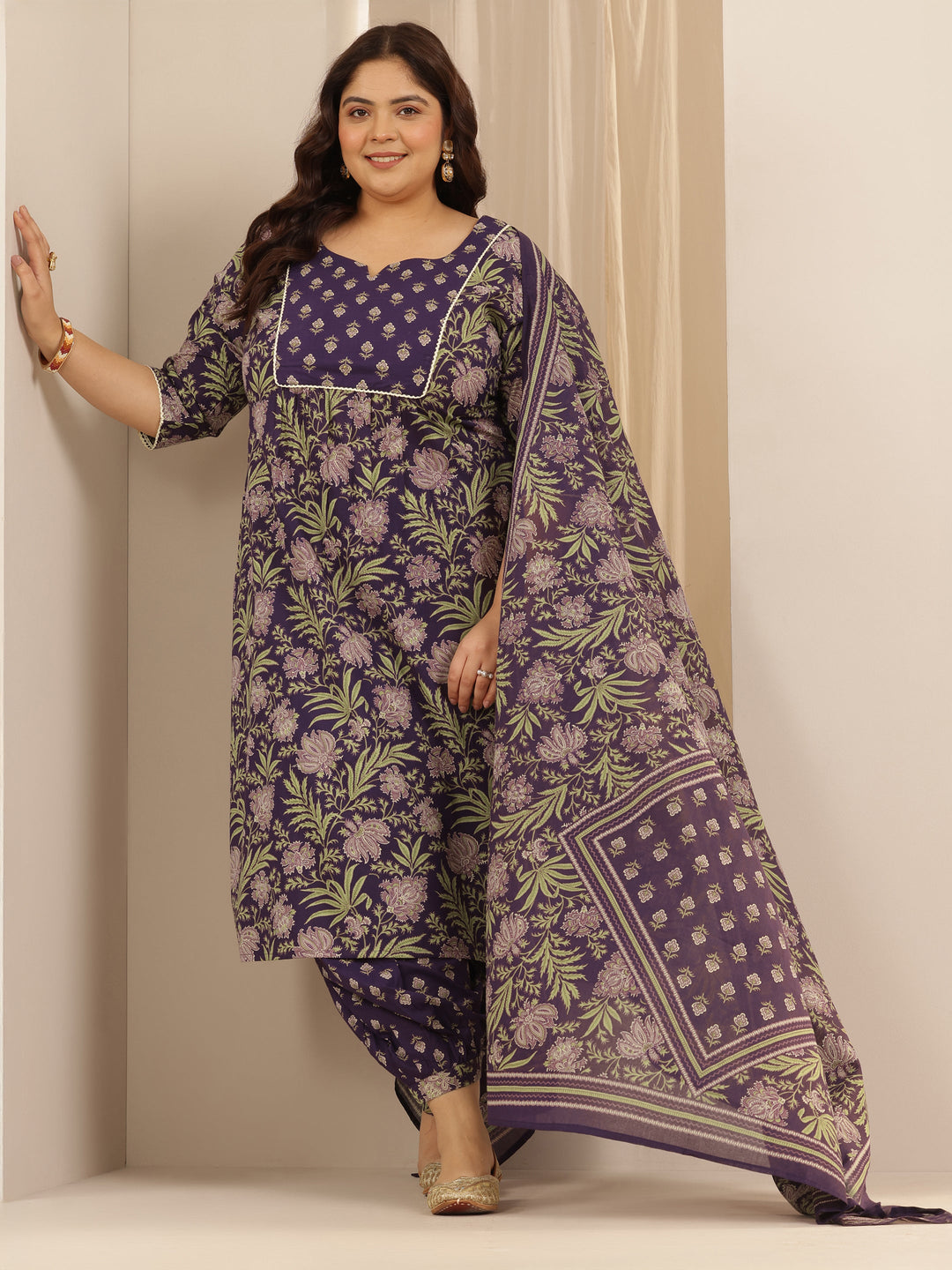 Plus Size Purple Printed Cotton Straight Suit Set With Dupatta