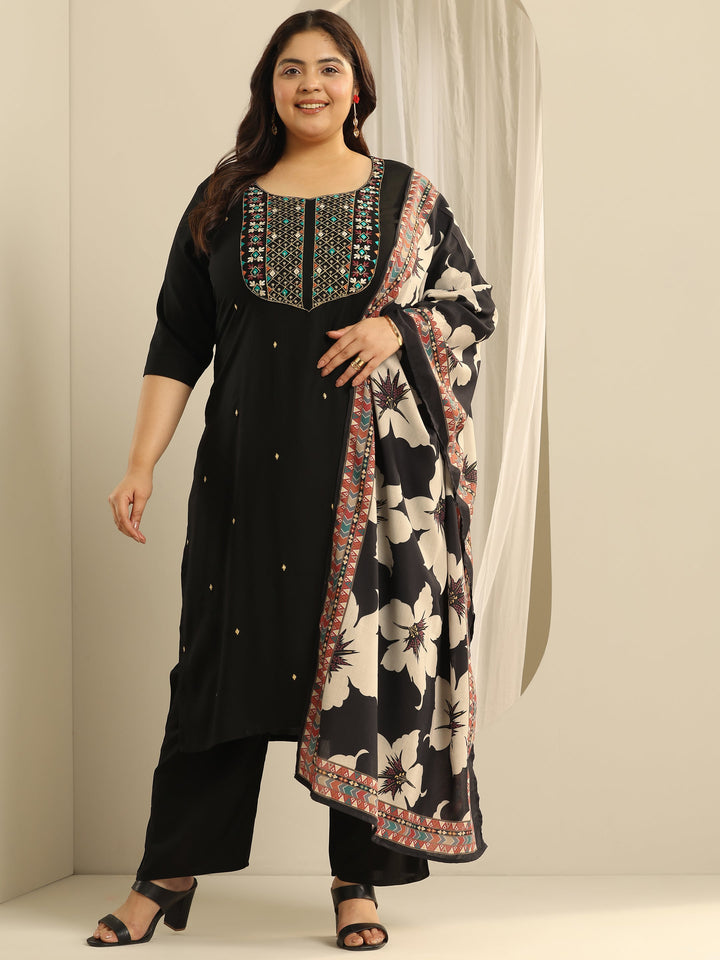 Plus Size Black Embroidered Viscose Straight Suit Set With Dupatta