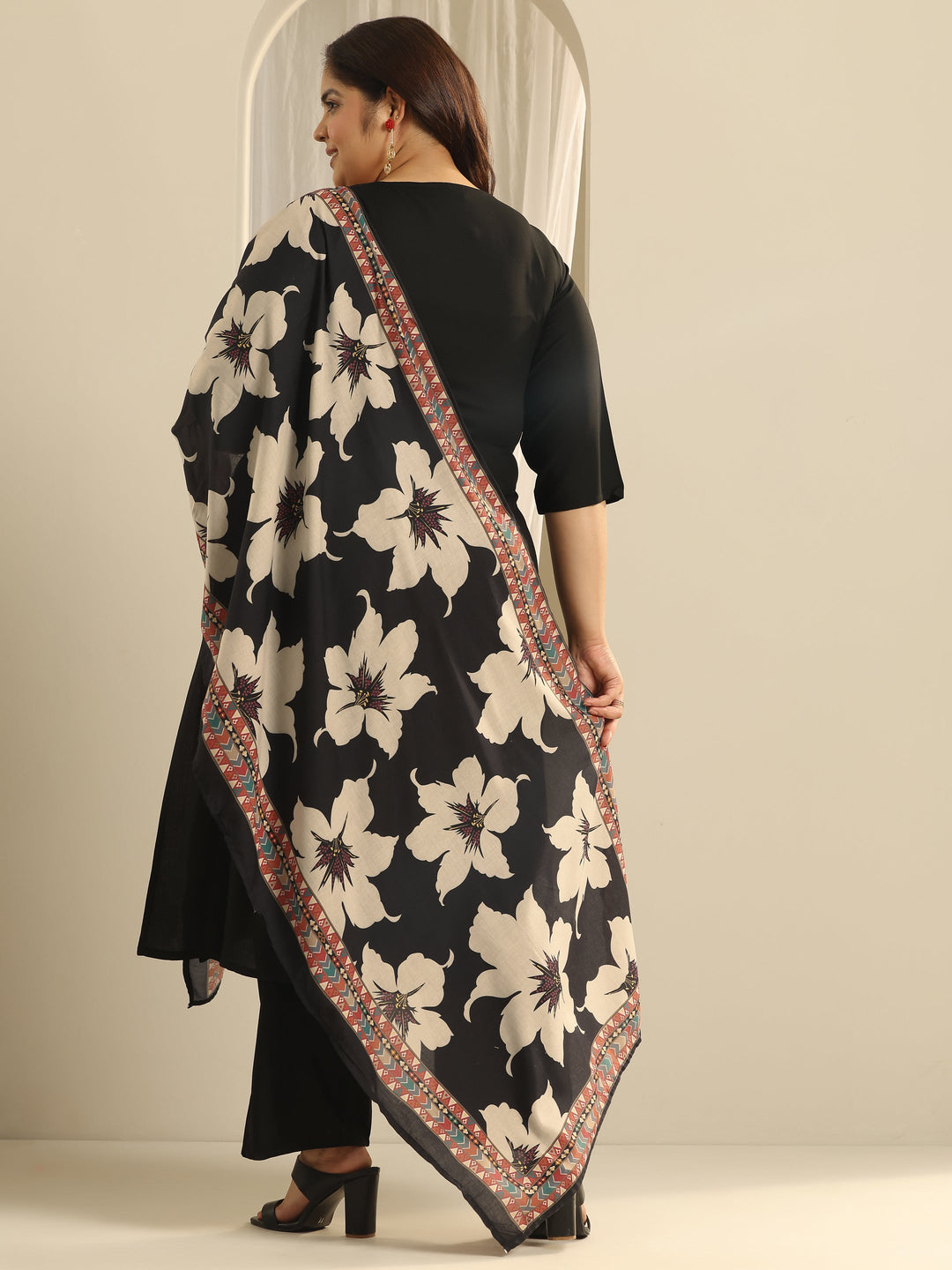 Plus Size Black Embroidered Viscose Straight Suit Set With Dupatta