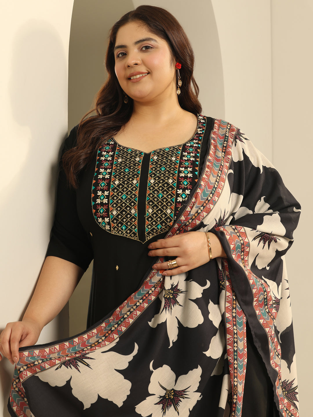 Plus Size Black Embroidered Viscose Straight Suit Set With Dupatta