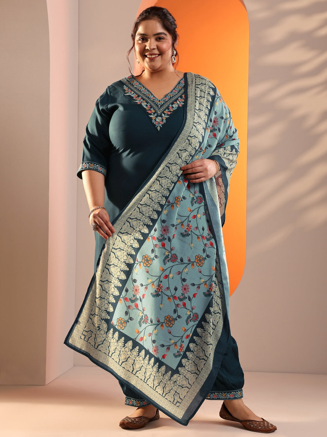 Plus Size Teal Blue Yoke Design Viscose Straight Suit Set With Dupatta