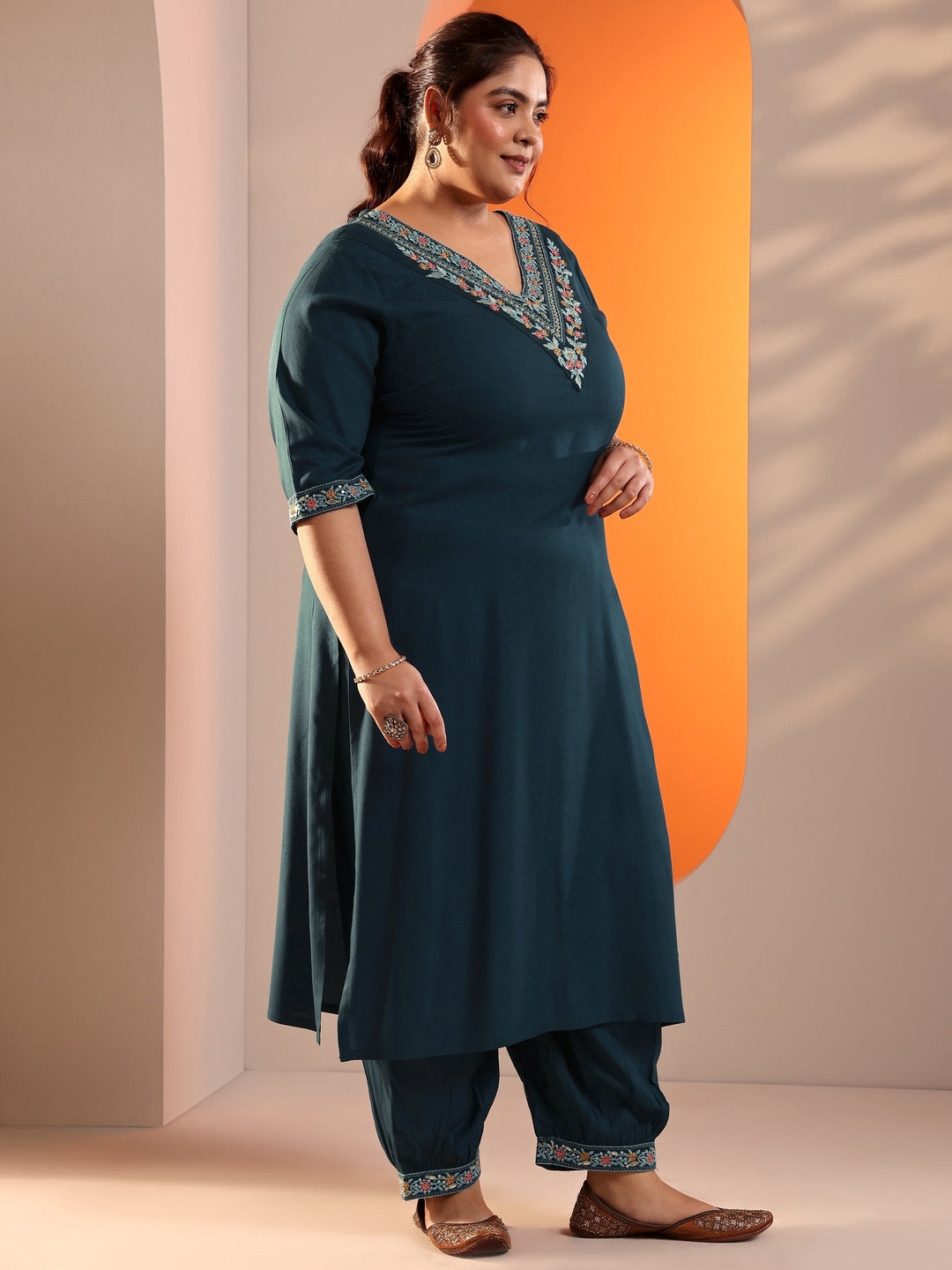 Plus Size Teal Blue Yoke Design Viscose Straight Suit Set With Dupatta