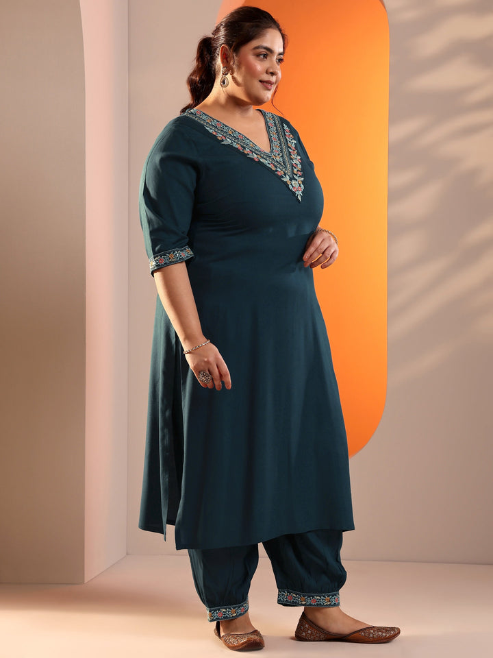 Plus Size Teal Blue Yoke Design Viscose Straight Suit Set With Dupatta