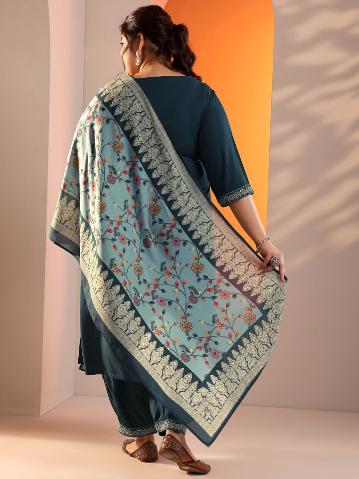 Plus Size Teal Blue Yoke Design Viscose Straight Suit Set With Dupatta