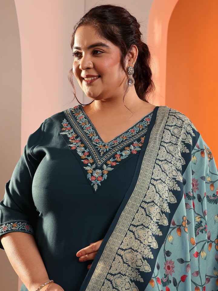 Plus Size Teal Blue Yoke Design Viscose Straight Suit Set With Dupatta