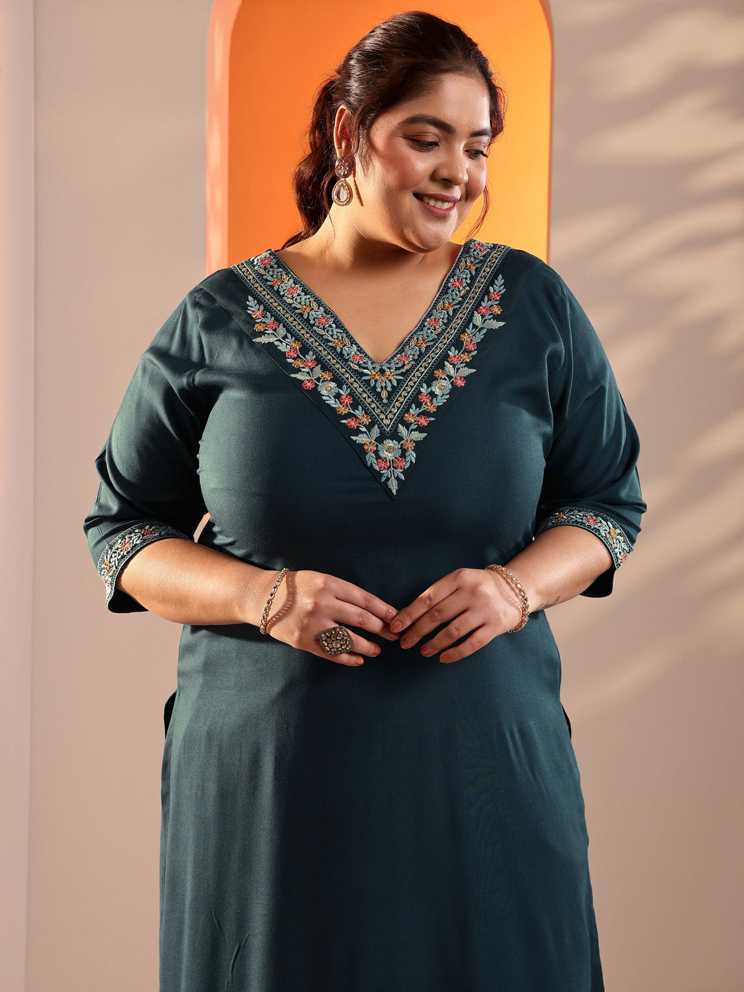 Plus Size Teal Blue Yoke Design Viscose Straight Suit Set With Dupatta