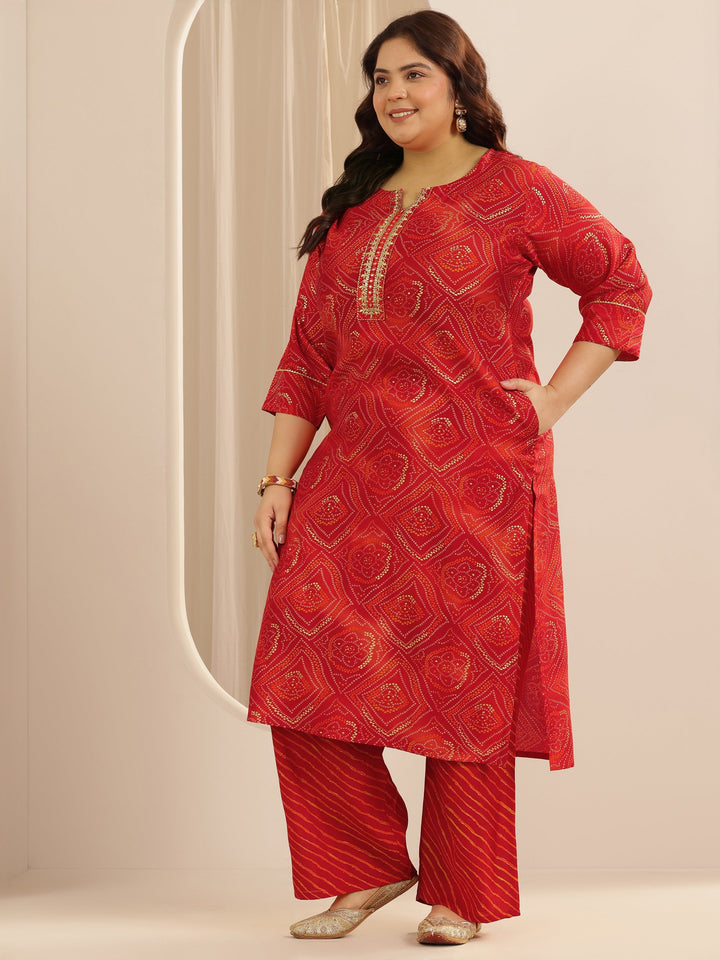 Plus Size Red Printed Silk blend Straight Suit Set With Dupatta