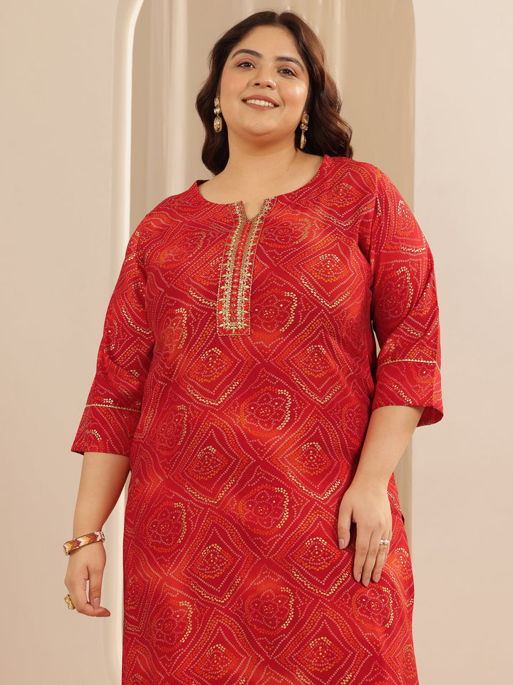 Plus Size Red Printed Silk blend Straight Suit Set With Dupatta