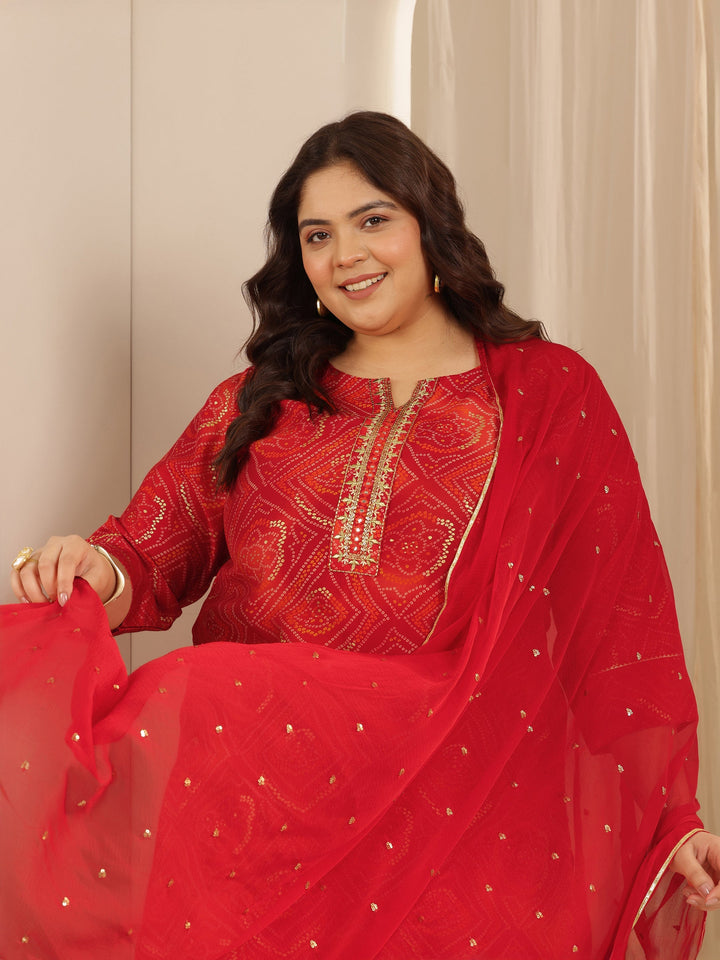 Plus Size Red Printed Silk blend Straight Suit Set With Dupatta