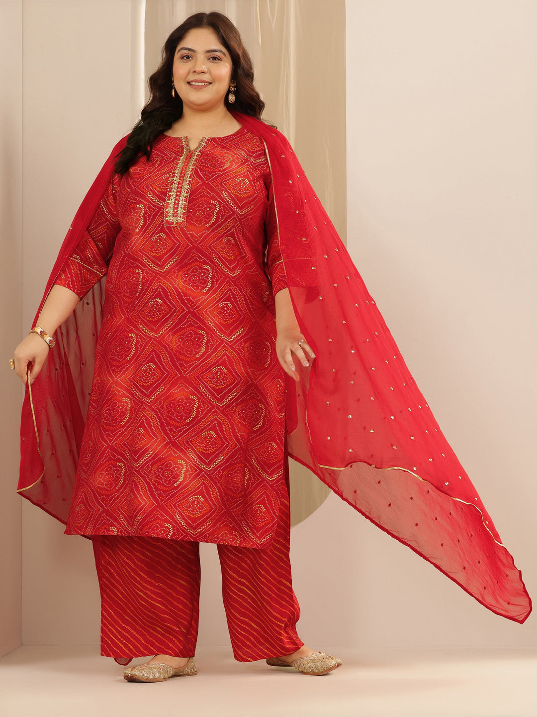 Plus Size Red Printed Silk blend Straight Suit Set With Dupatta