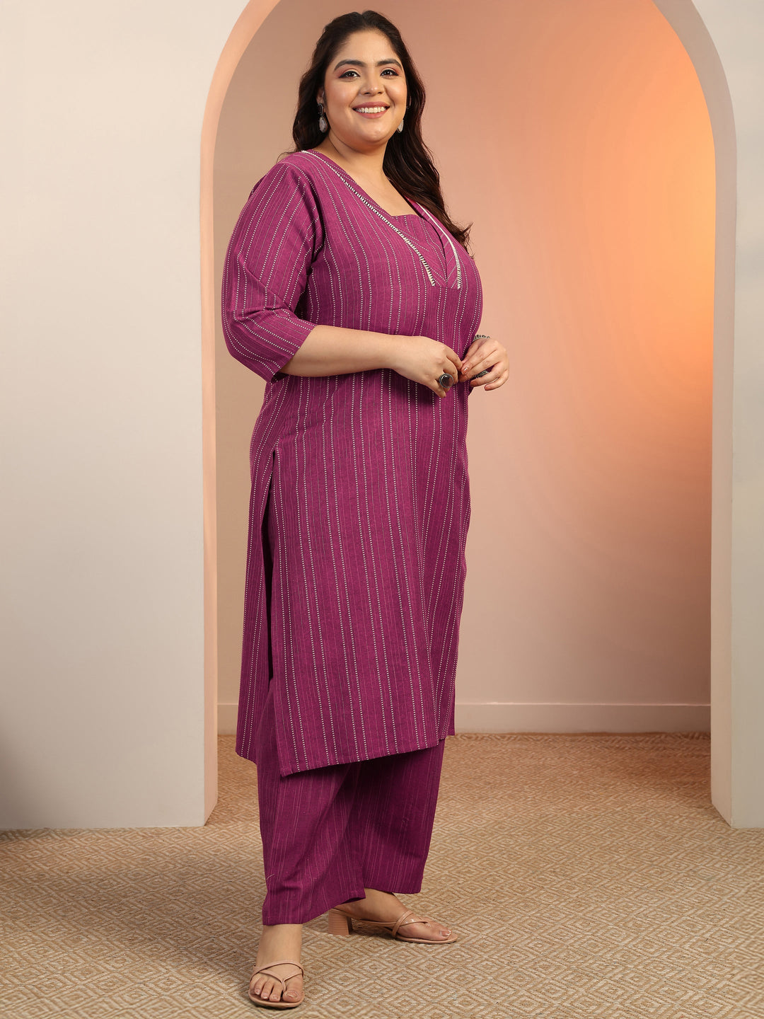 Plus Size Magenta Pink Woven Design cotton blend Straight Suit Set With Dupatta
