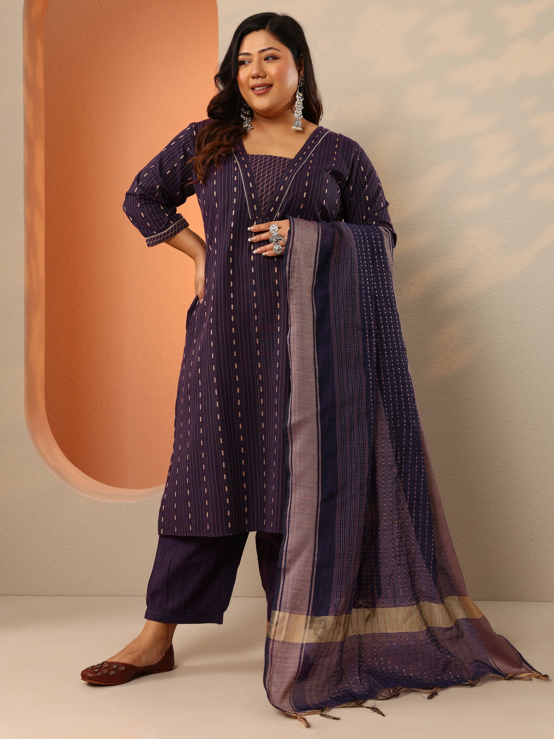 Plus Size Wine Woven Design Cotton Blend Straight Suit Set With Dupatta