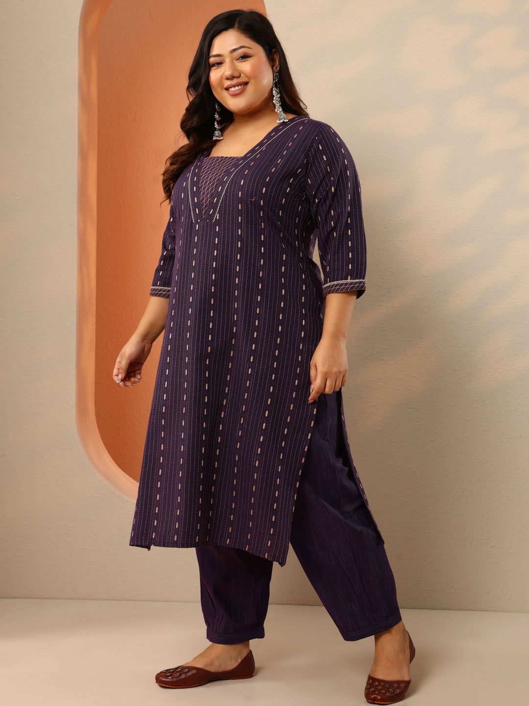 Plus Size Wine Woven Design Cotton Blend Straight Suit Set With Dupatta