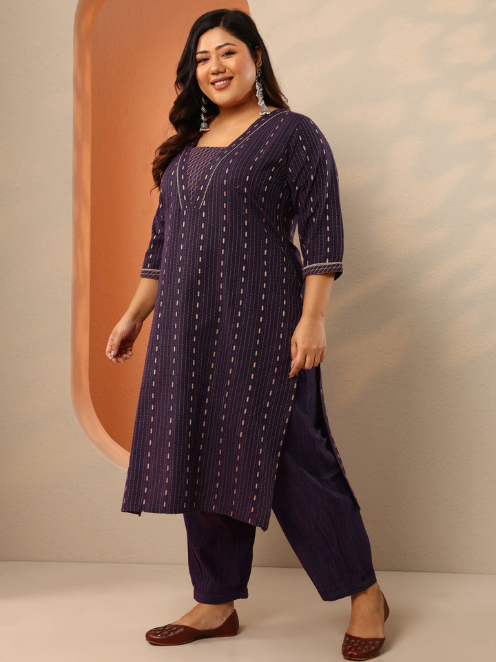 Plus Size Wine Woven Design Cotton Blend Straight Suit Set With Dupatta