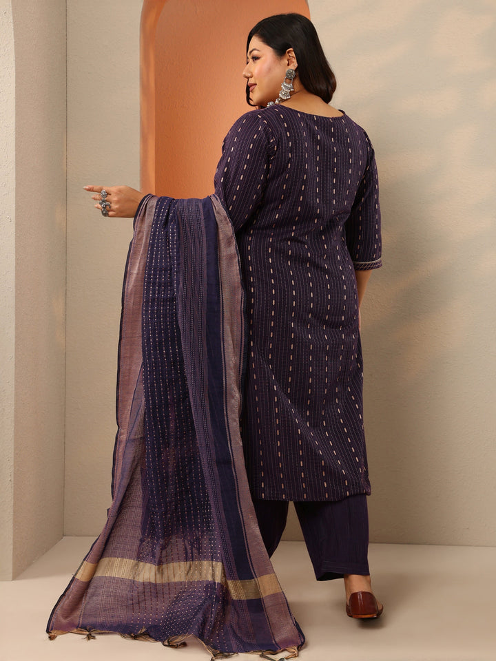 Plus Size Wine Woven Design Cotton Blend Straight Suit Set With Dupatta