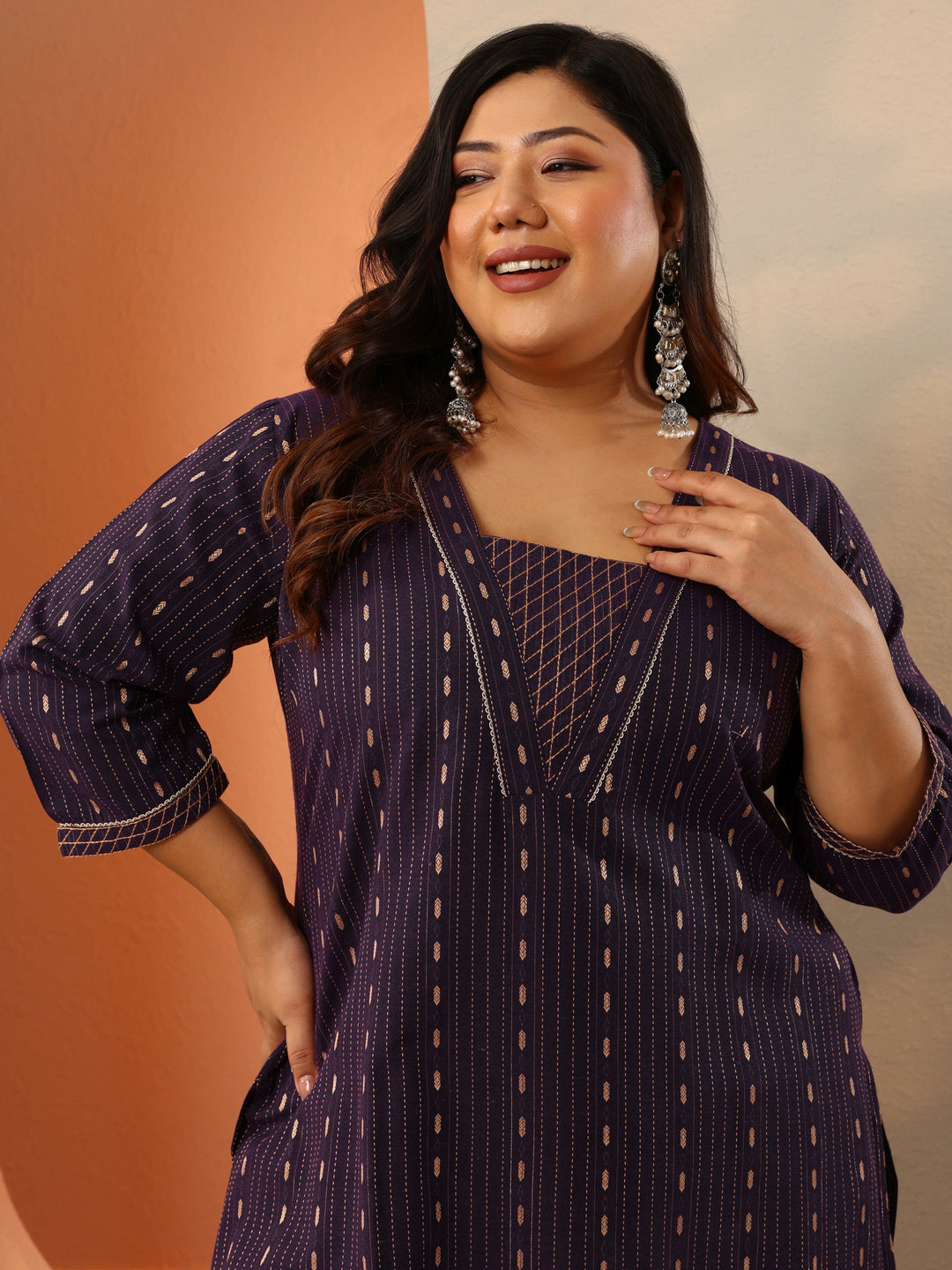 Plus Size Wine Woven Design Cotton Blend Straight Suit Set With Dupatta