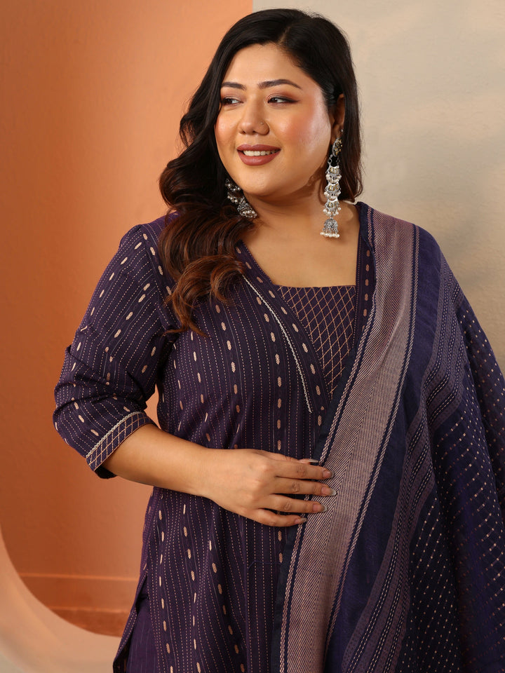 Plus Size Wine Woven Design Cotton Blend Straight Suit Set With Dupatta