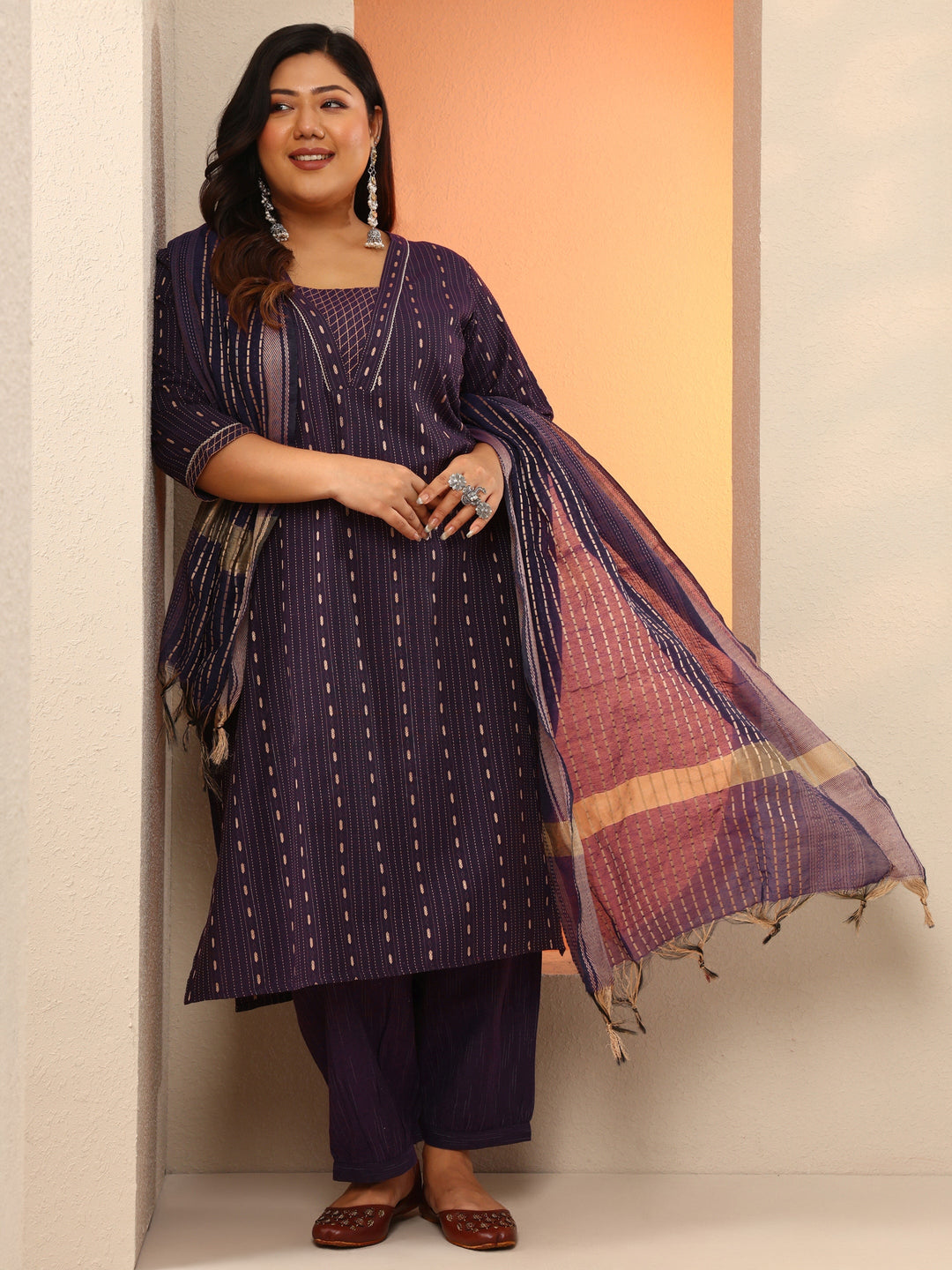 Plus Size Wine Woven Design Cotton Blend Straight Suit Set With Dupatta