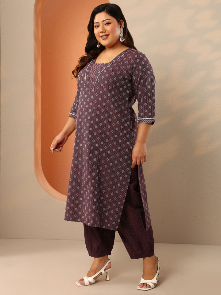 Plus Size Maroon Woven Design Cotton Blend Straight Suit Set With Dupatta