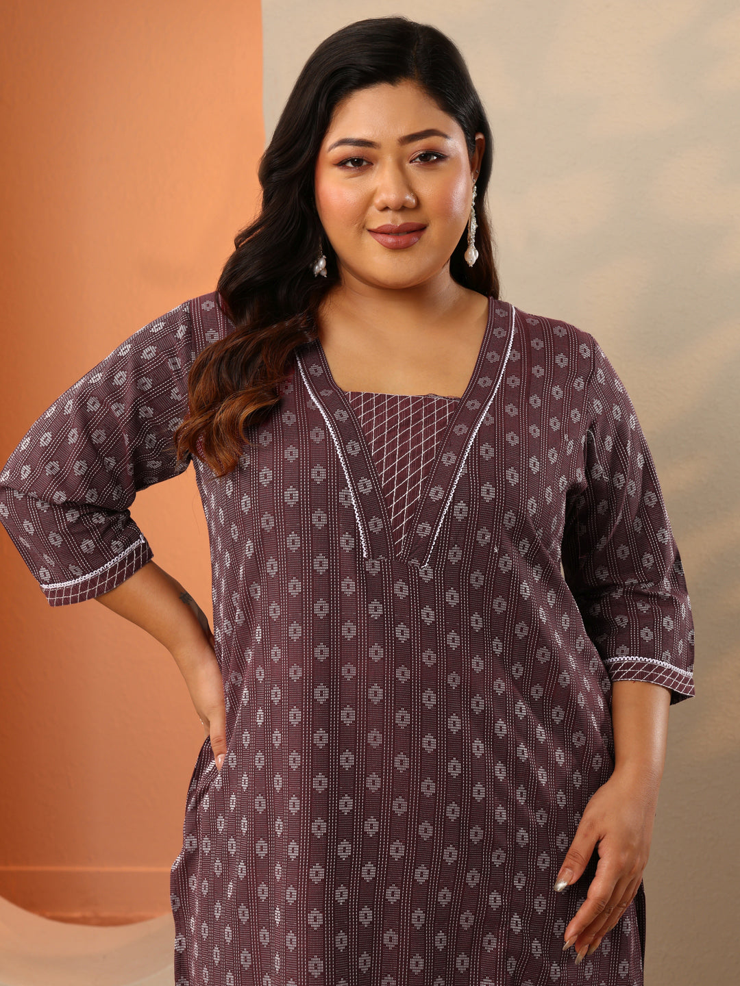 Plus Size Maroon Woven Design Cotton Blend Straight Suit Set With Dupatta