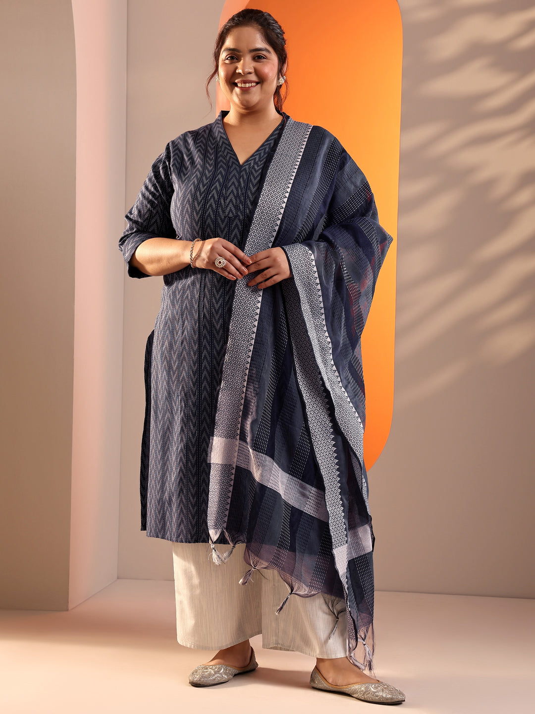 Plus Size Blue Woven Design Cotton Blend Straight Suit Set With Dupatta