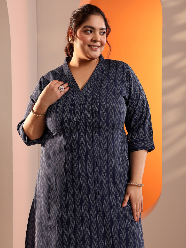 Plus Size Blue Woven Design Cotton Blend Straight Suit Set With Dupatta