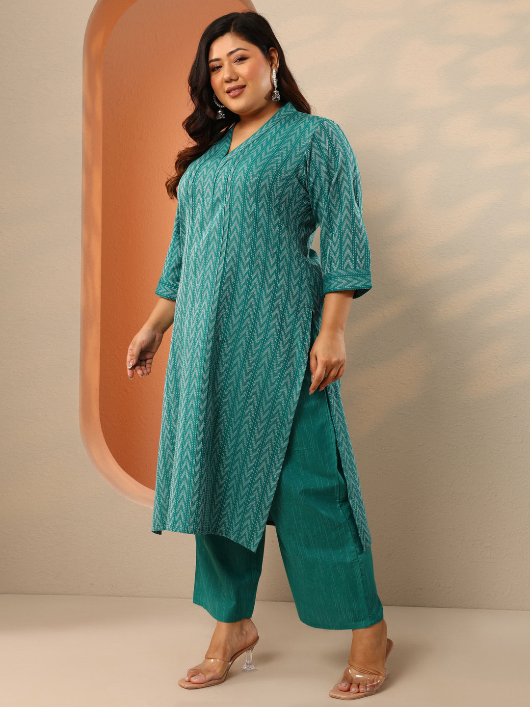 Plus Size Teal Woven Design Cotton Blend Straight Suit Set With Dupatta