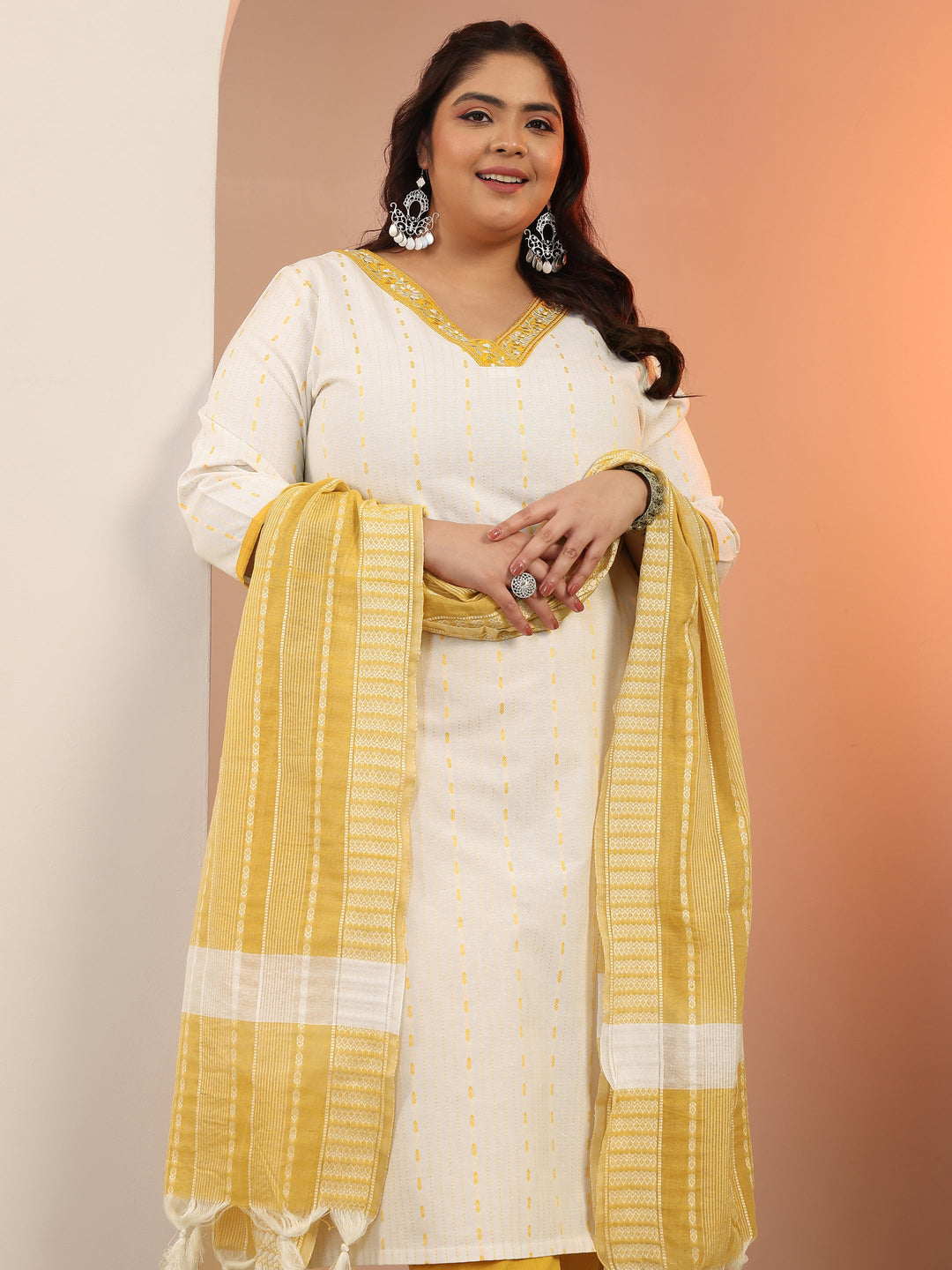 Plus Size White Woven Design cotton blend Straight Suit Set With Dupatta