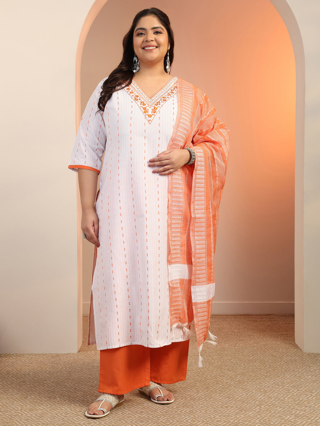 Plus Size White Woven Design cotton blend Straight Suit Set With Dupatta